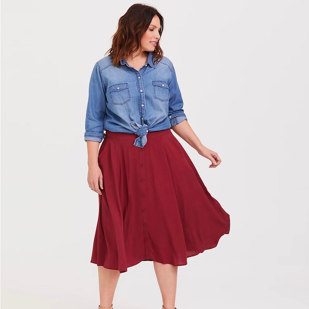 Dark Red Rust Button Midi Skirt